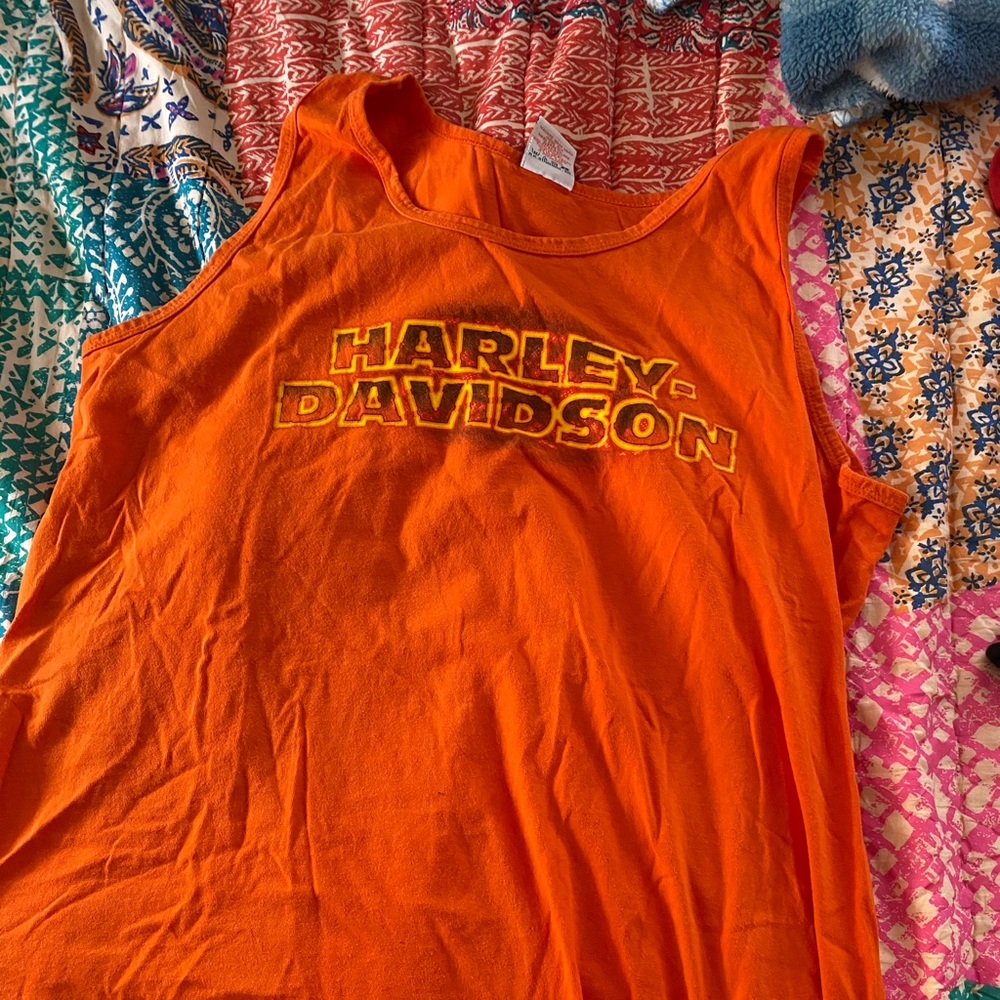 harley davidson orange tank top with flame letters